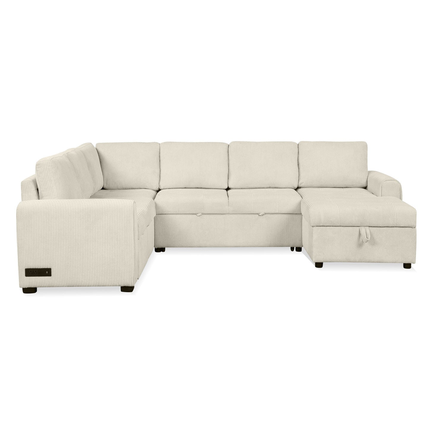 Beige U-Shaped Corduroy Sofa – Spacious 5-Seat Sectional with Pocket Springs, Removable Backrests & Durable Plywood Frame