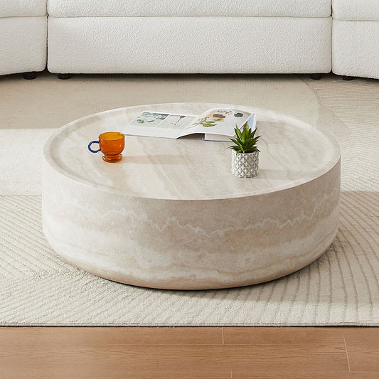 Modern Round Fiberglass Coffee Table – Faux Travertine Finish, 31.5” Low Profile, No Assembly Required – Stylish Living Room Accent Table