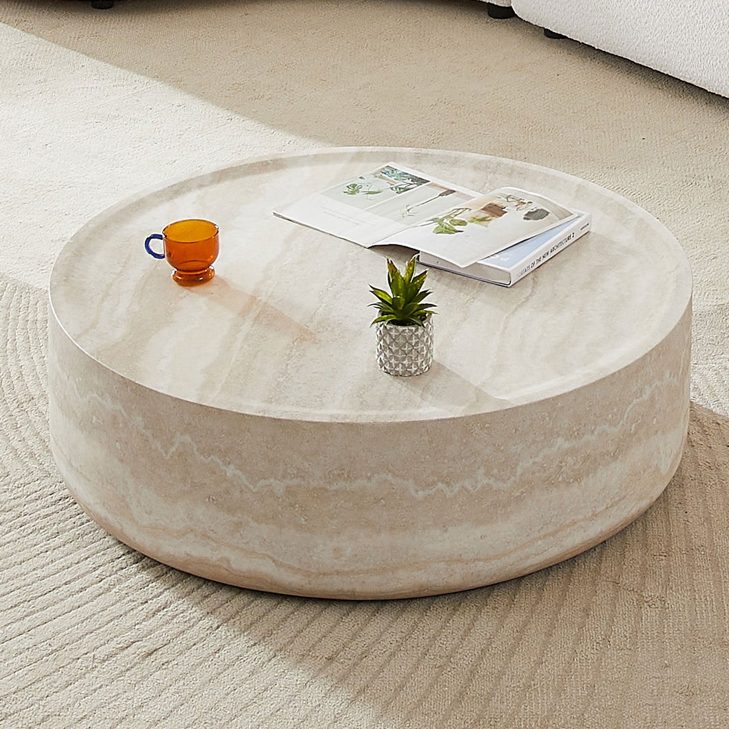 Modern Round Fiberglass Coffee Table – Faux Travertine Finish, 31.5” Low Profile, No Assembly Required – Stylish Living Room Accent Table