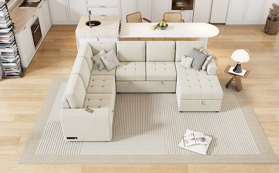 Beige U-Shaped Corduroy Sofa – Spacious 5-Seat Sectional with Pocket Springs, Removable Backrests & Durable Plywood Frame