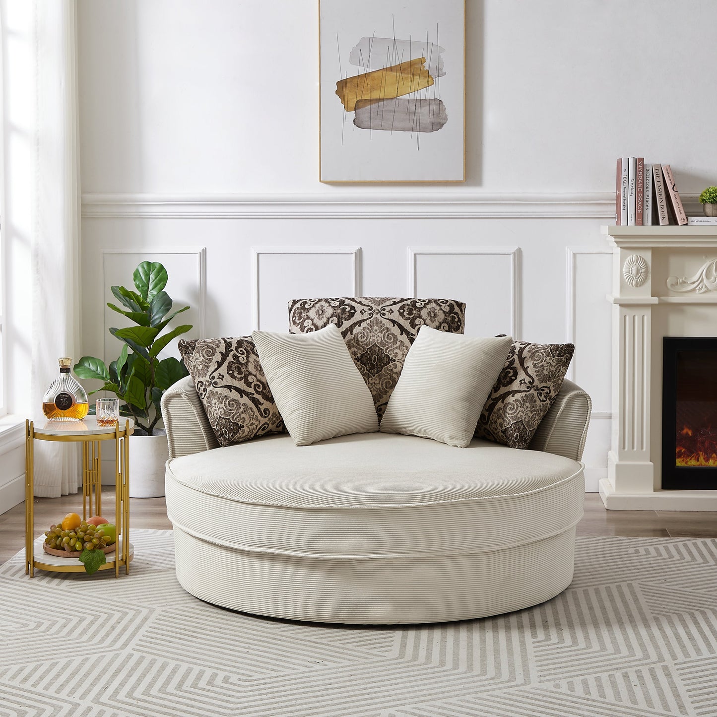 Beige 360° Swivel Accent Chair – Corduroy Upholstery with Detachable Pillows