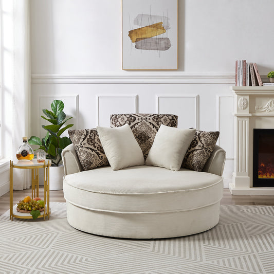 Beige 360° Swivel Accent Chair – Corduroy Upholstery with Detachable Pillows