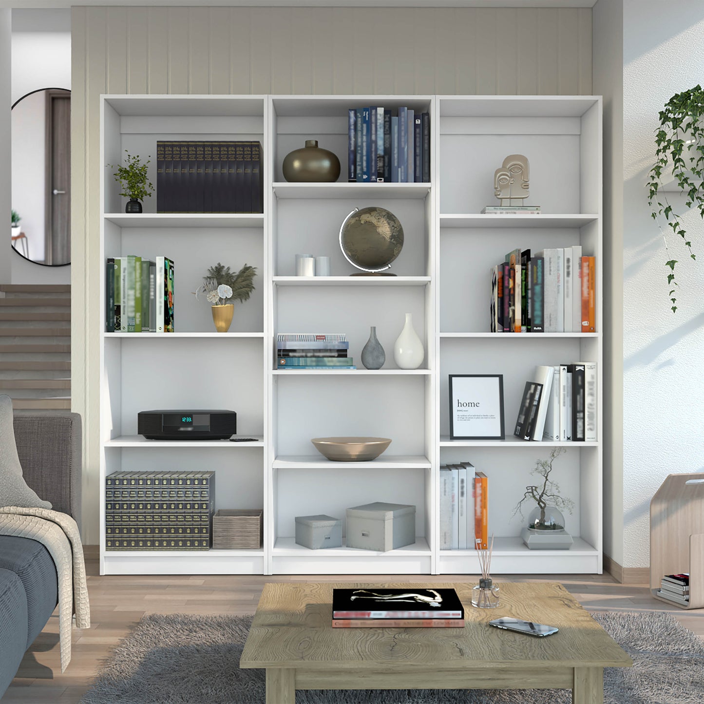 Chelton 3-Piece White Bookcase Set – Two Large Bookcases & One 4-Shelf Bookcase – Modern Living Room Storage