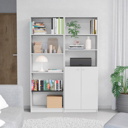 Paonia 2 Piece Modern Living Room Bookcase Set – White Wood Finish Storage Shelves & Dual-Door Cabinet