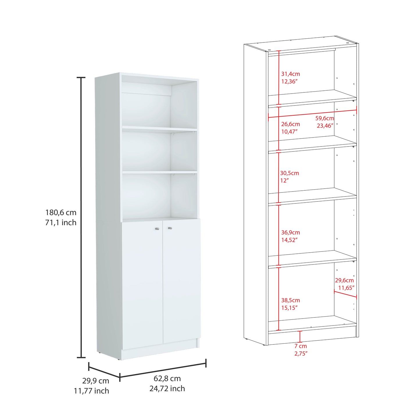 Paonia 2 Piece Modern Living Room Bookcase Set – White Wood Finish Storage Shelves & Dual-Door Cabinet