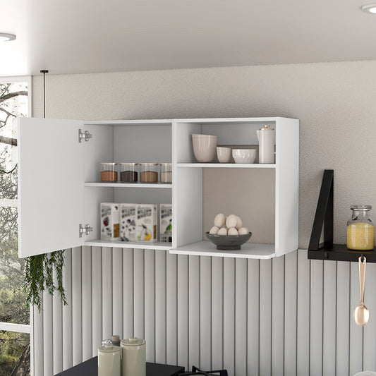Burwood 2-Door Kitchen Wall Storage Cabinet – White & Black Manufactured Wood with Shelves – Modern Wall-Mounted Organize