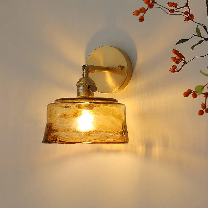 Nordic style retro Japanese style brass glass wall lamp Home bar restaurant bedroom bedside lamp Creative personality wall lamp