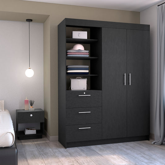 Peyton 2-Piece Black Bedroom Furniture Set – Modern Armoire Wardrobe with Drawers & Shelves + Nightstand with Storage