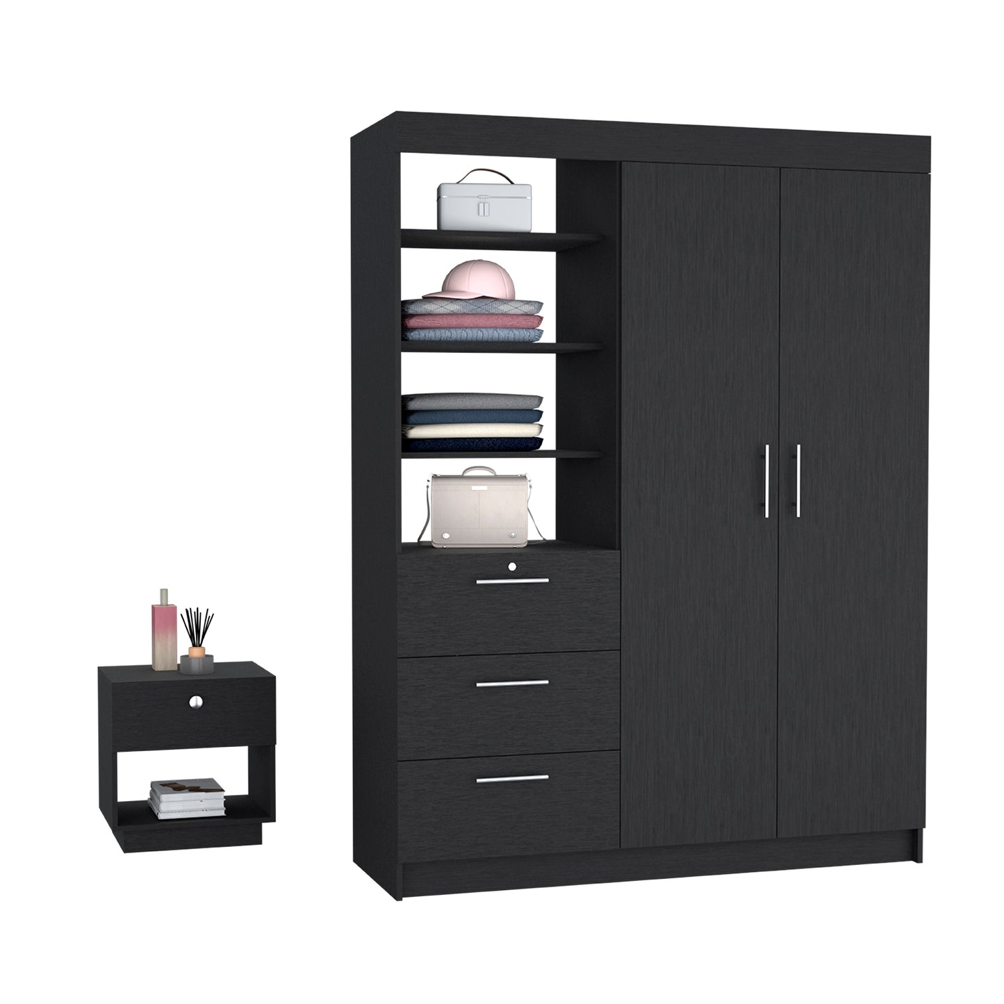 Peyton 2-Piece Black Bedroom Furniture Set – Modern Armoire Wardrobe with Drawers & Shelves + Nightstand with Storage