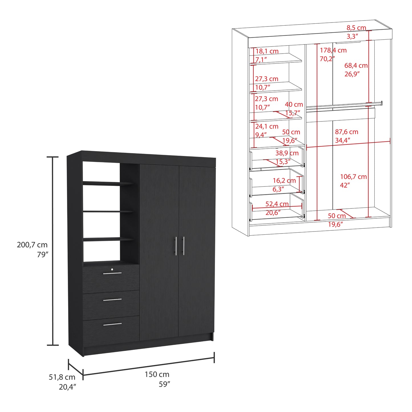 Peyton 2-Piece Black Bedroom Furniture Set – Modern Armoire Wardrobe with Drawers & Shelves + Nightstand with Storage
