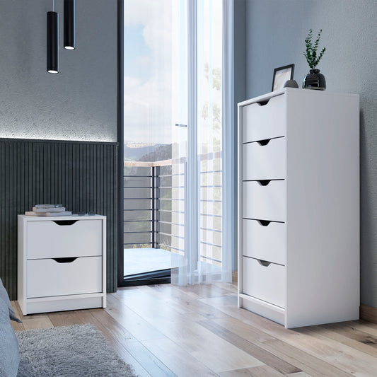 Raymer 2-Piece White Bedroom Furniture Set – 5-Drawer Vertical Dresser & 2-Drawer Nightstand – Modern Storage for Small Spaces