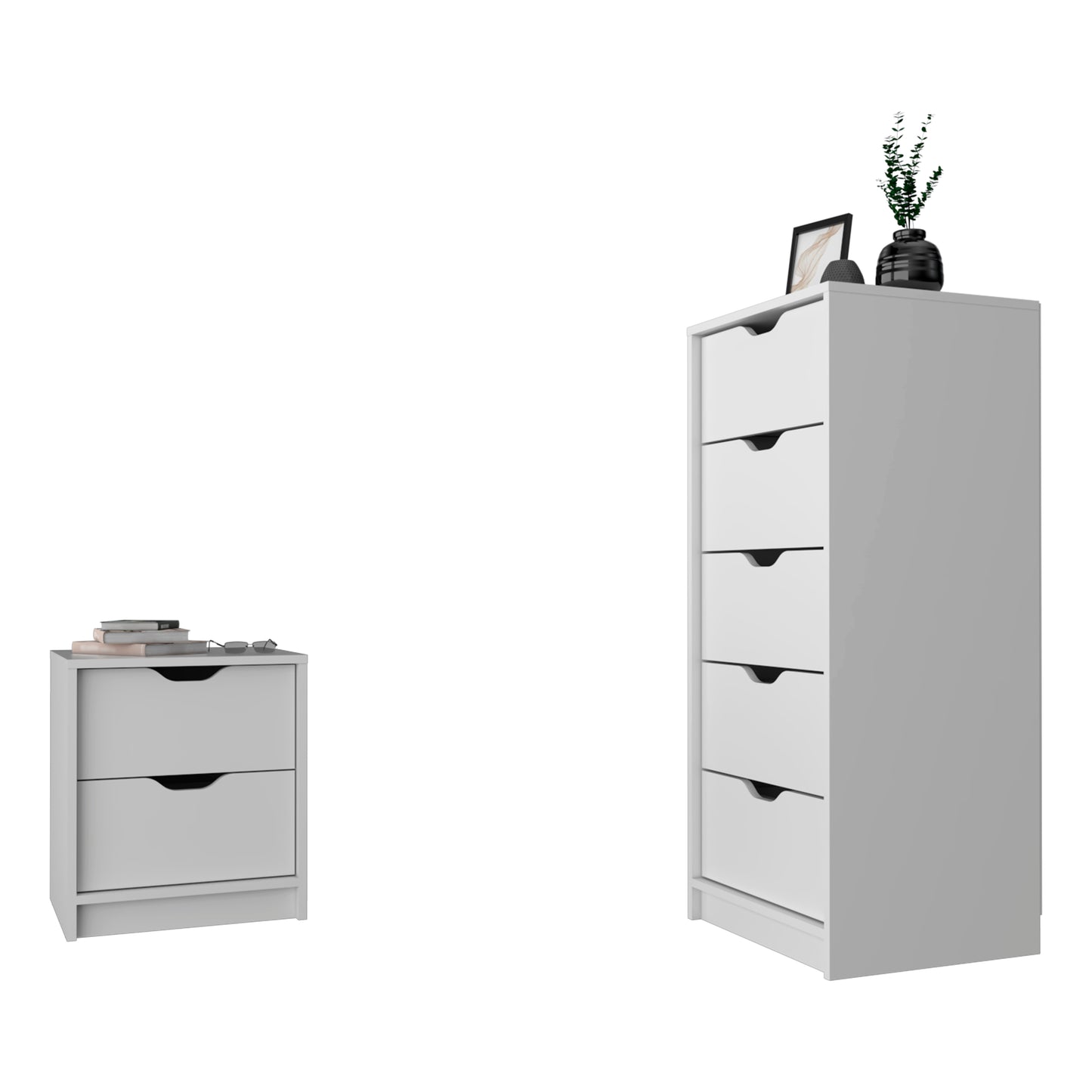Raymer 2-Piece White Bedroom Furniture Set – 5-Drawer Vertical Dresser & 2-Drawer Nightstand – Modern Storage for Small Spaces