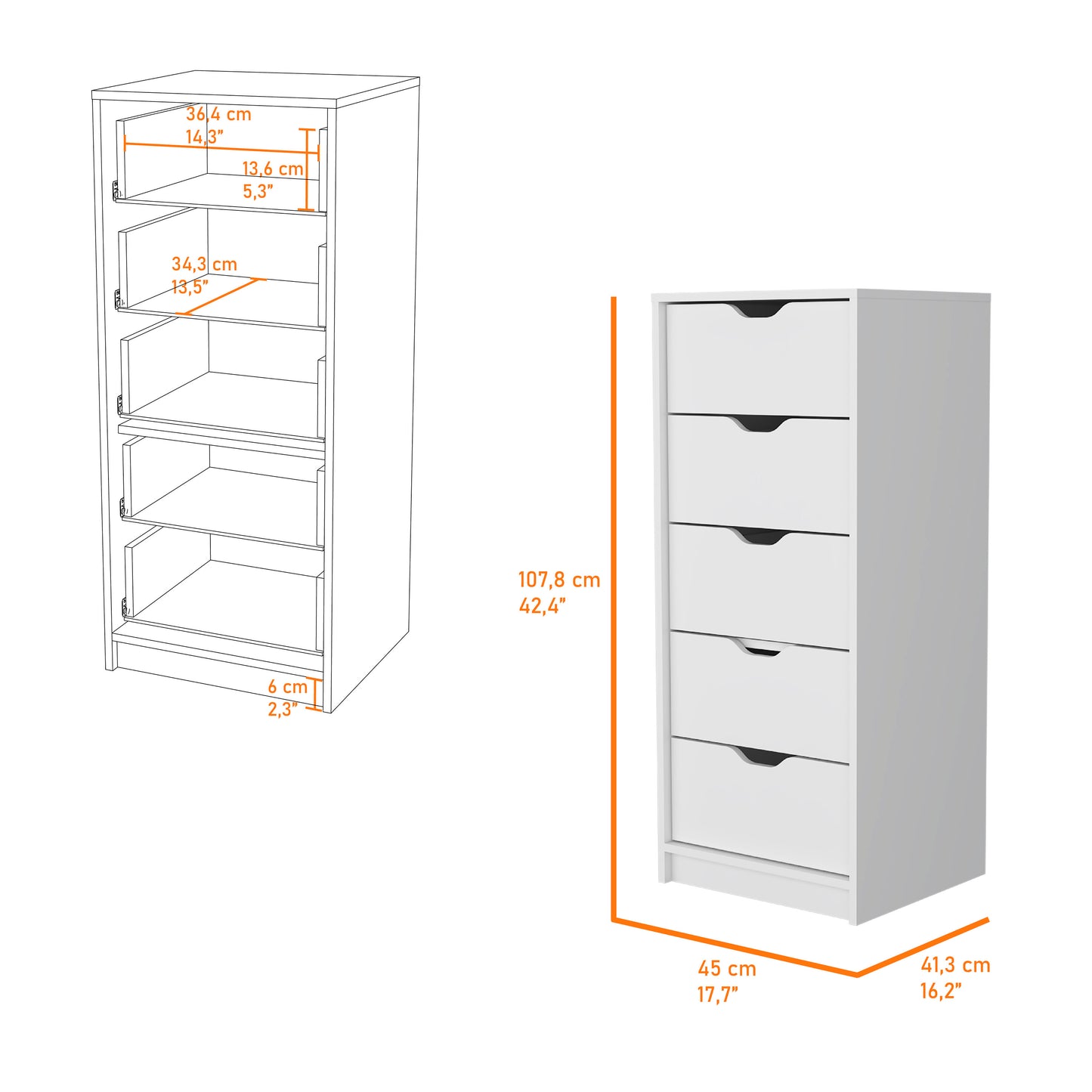 Raymer 2-Piece White Bedroom Furniture Set – 5-Drawer Vertical Dresser & 2-Drawer Nightstand – Modern Storage for Small Spaces