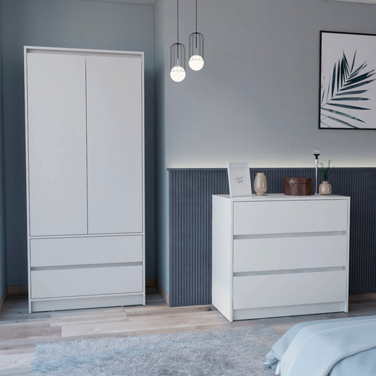 Lewes 2-Piece White Bedroom Set – Closher Armoire with Double Drawers & Metal Rod + Compact Maldus Dresser