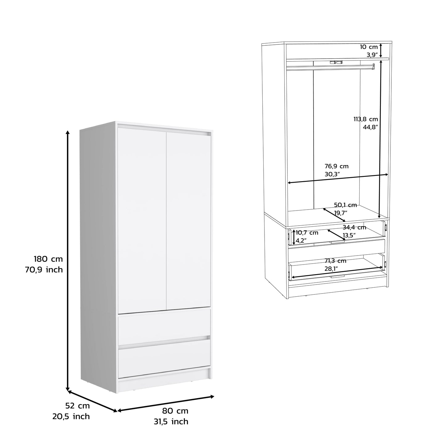 Lewes 2-Piece White Bedroom Set – Closher Armoire with Double Drawers & Metal Rod + Compact Maldus Dresser