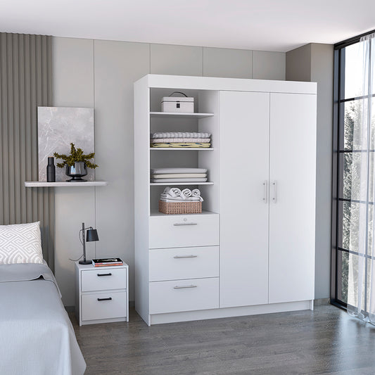 Karval 2-Piece White Bedroom Set – Spacious Armoire with Shelves & Drawers + Compact Nightstand
