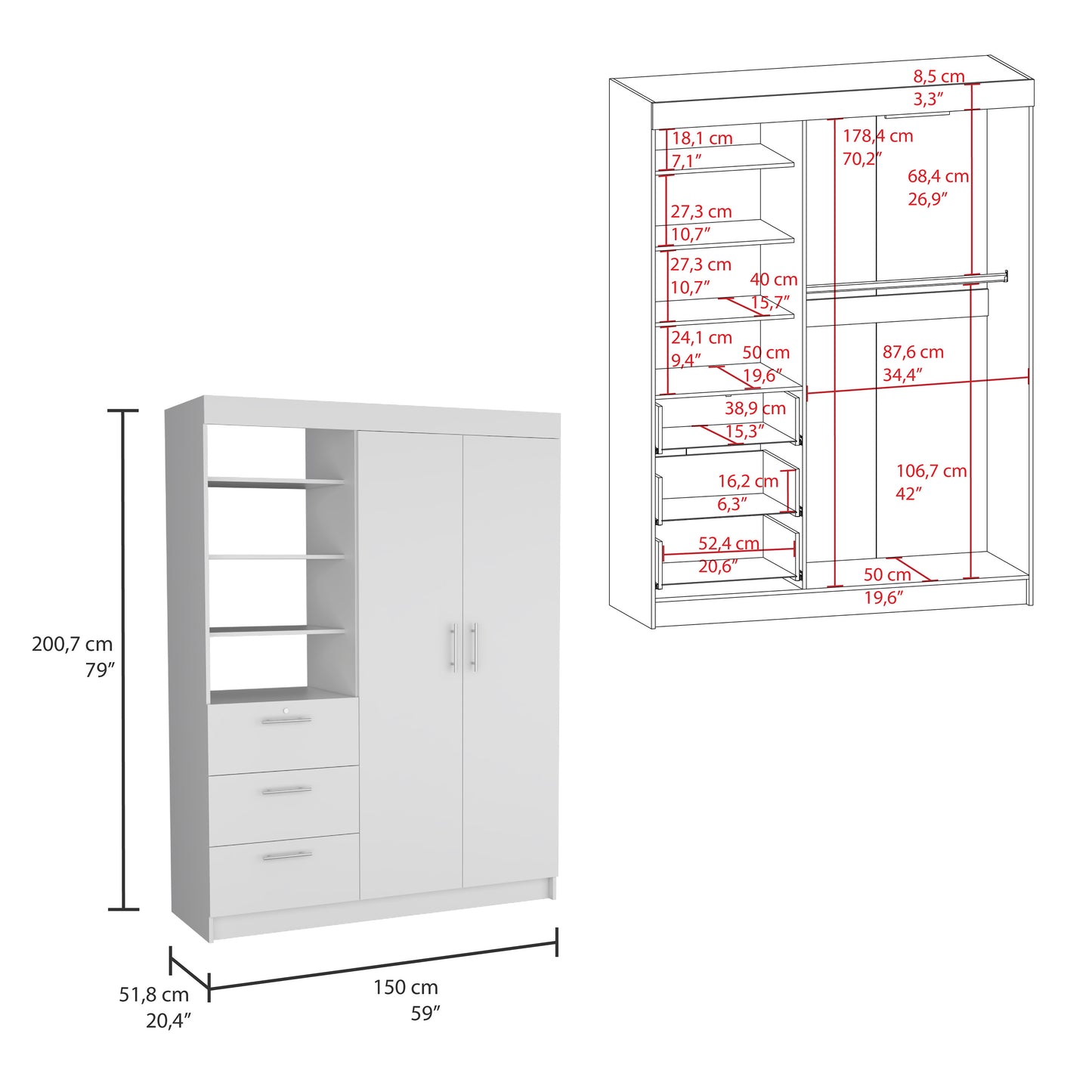 Karval 2-Piece White Bedroom Set – Spacious Armoire with Shelves & Drawers + Compact Nightstand