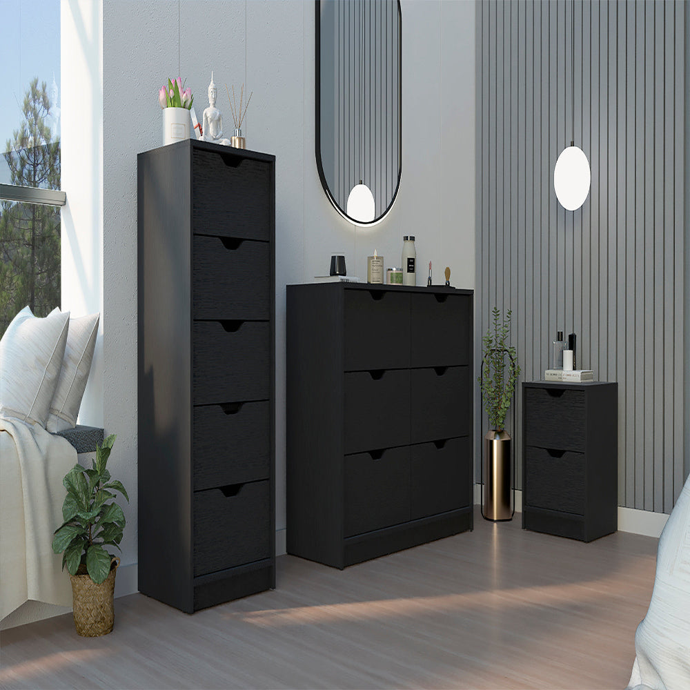 Stockley 3-Piece Black Bedroom Furniture Set – 6-Drawer Dresser, 5-Drawer Chest & 2-Drawer Nightstand – Modern Storage Solution