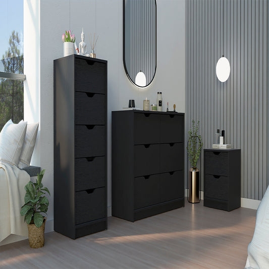Stockley 3-Piece Black Bedroom Furniture Set – 6-Drawer Dresser, 5-Drawer Chest & 2-Drawer Nightstand – Modern Storage Solution