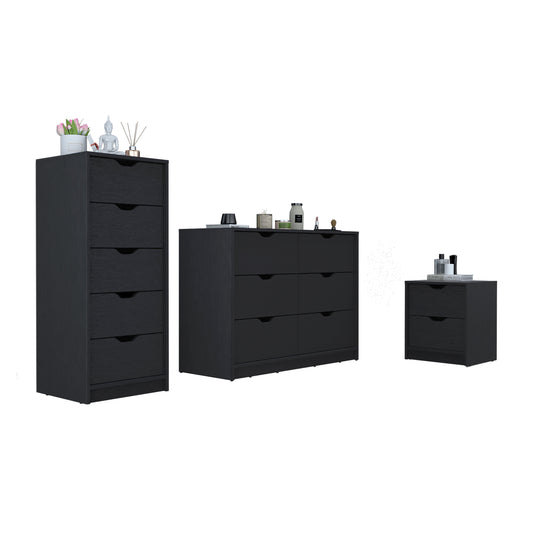 Stockley 3-Piece Black Bedroom Furniture Set – 6-Drawer Dresser, 5-Drawer Chest & 2-Drawer Nightstand – Modern Storage Solution