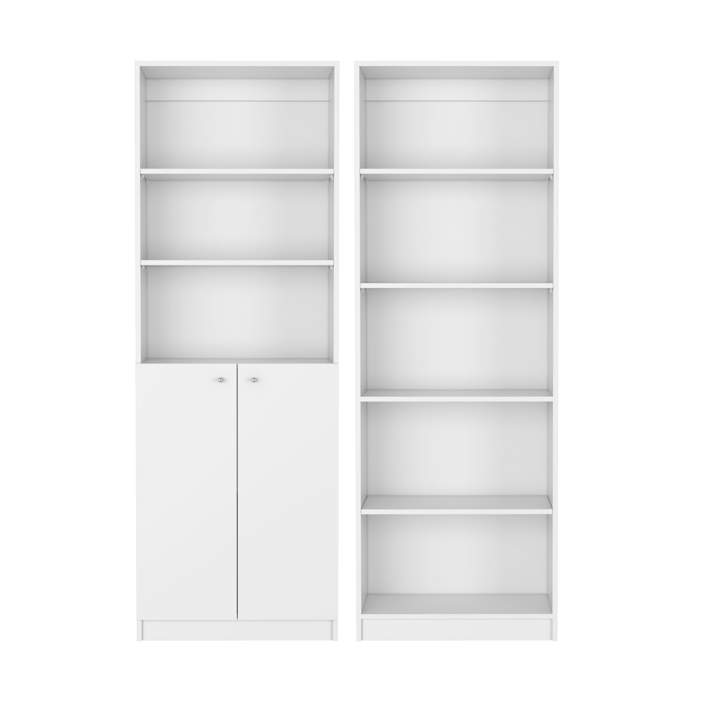 Paonia 2 Piece Modern Living Room Bookcase Set – White Wood Finish Storage Shelves & Dual-Door Cabinet