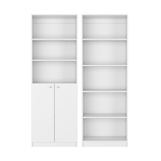 Paonia 2 Piece Modern Living Room Bookcase Set – White Wood Finish Storage Shelves & Dual-Door Cabinet