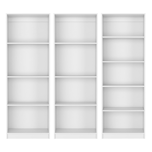 Chelton 3-Piece White Bookcase Set – Two Large Bookcases & One 4-Shelf Bookcase – Modern Living Room Storage
