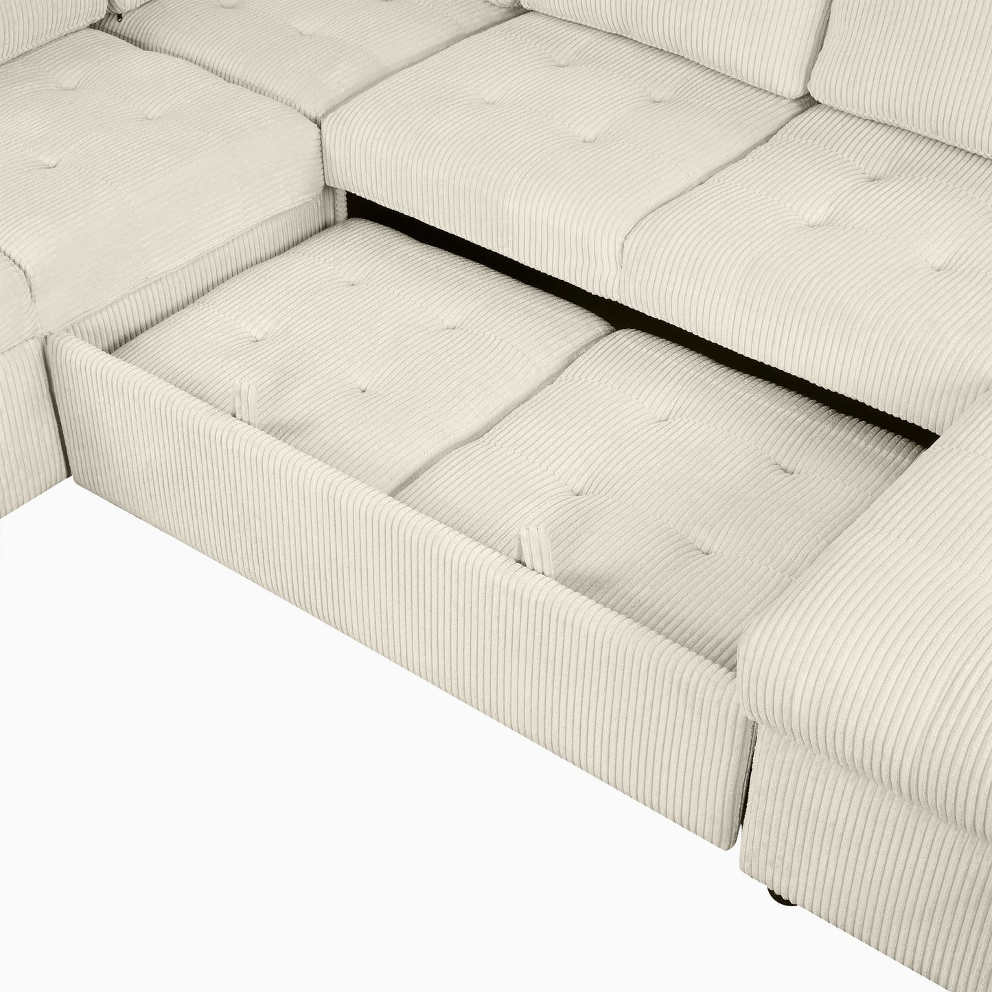 Beige U-Shaped Corduroy Sofa – Spacious 5-Seat Sectional with Pocket Springs, Removable Backrests & Durable Plywood Frame