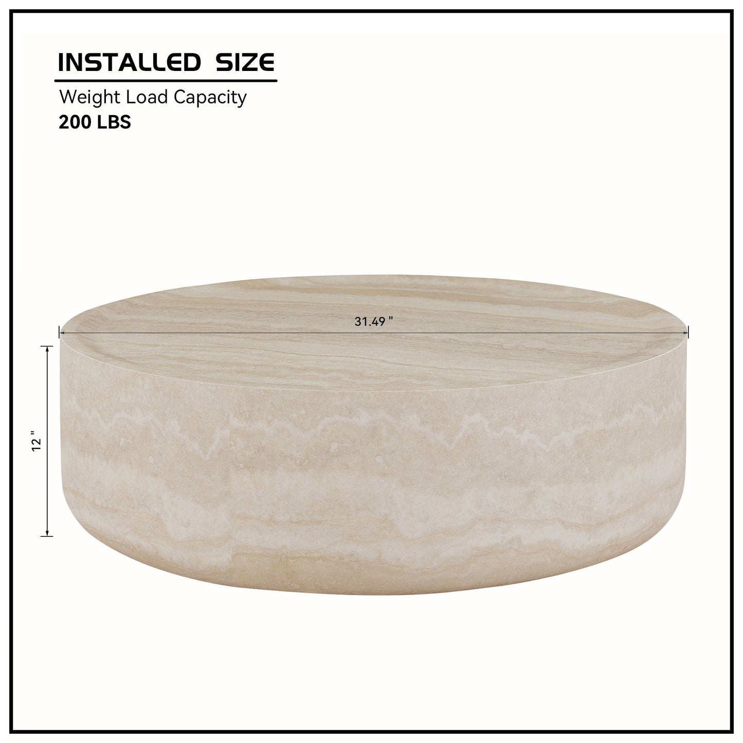 Modern Round Fiberglass Coffee Table – Faux Travertine Finish, 31.5” Low Profile, No Assembly Required – Stylish Living Room Accent Table