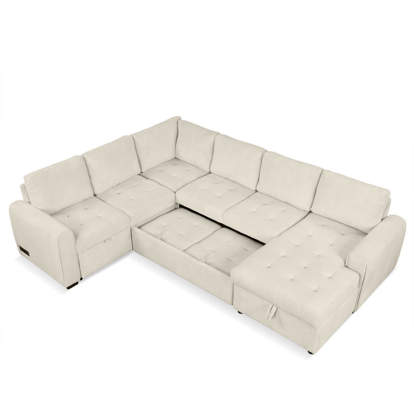 Beige U-Shaped Corduroy Sofa – Spacious 5-Seat Sectional with Pocket Springs, Removable Backrests & Durable Plywood Frame