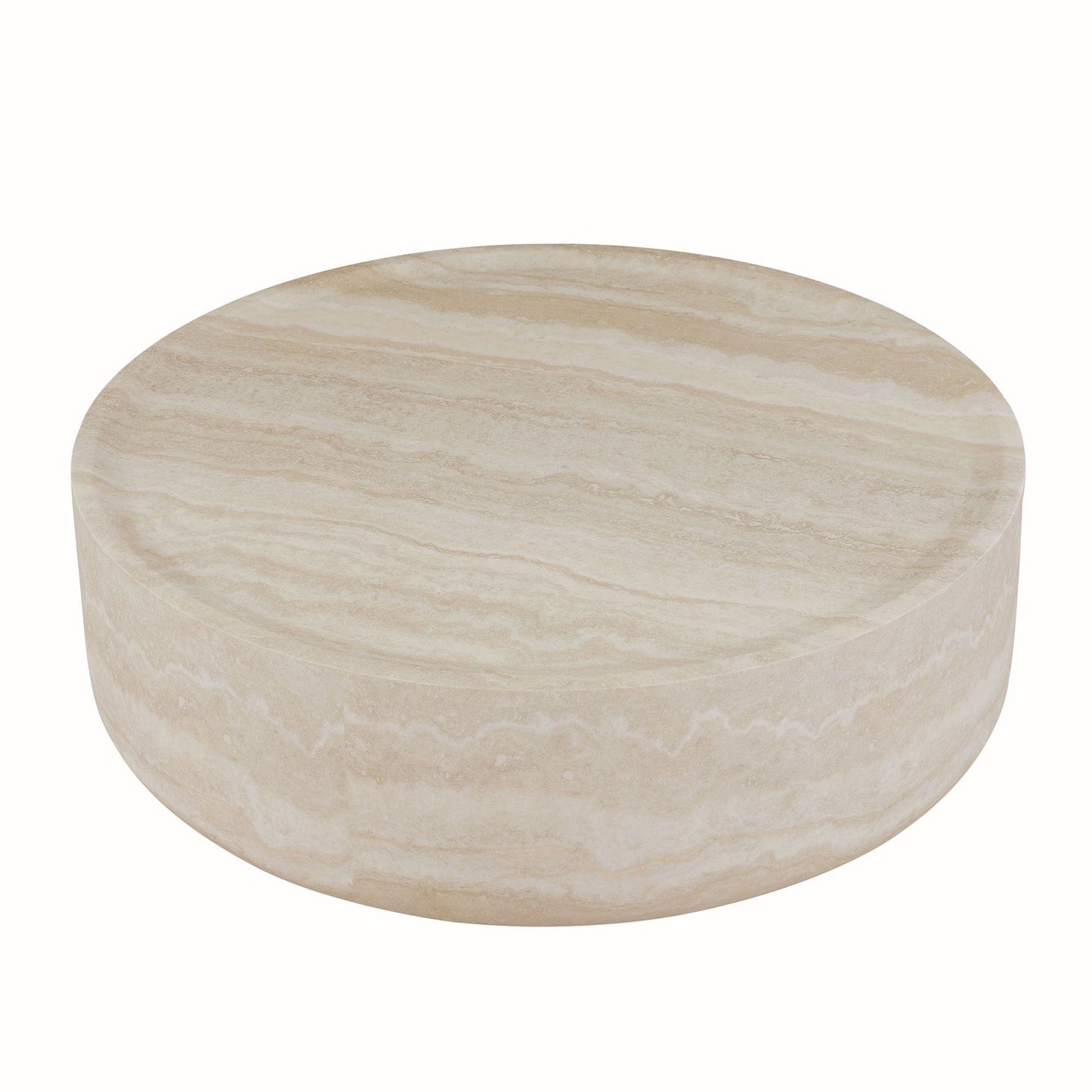Modern Round Fiberglass Coffee Table – Faux Travertine Finish, 31.5” Low Profile, No Assembly Required – Stylish Living Room Accent Table