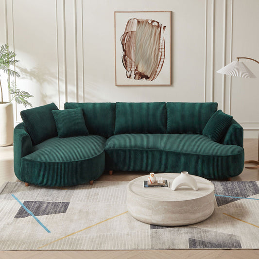 Oversized Modern Sectional Sofa with Left Chaise – Green Corduroy Upholstery, 6 Throw Pillows