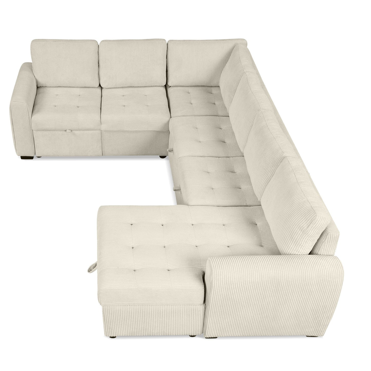 Beige U-Shaped Corduroy Sofa – Spacious 5-Seat Sectional with Pocket Springs, Removable Backrests & Durable Plywood Frame