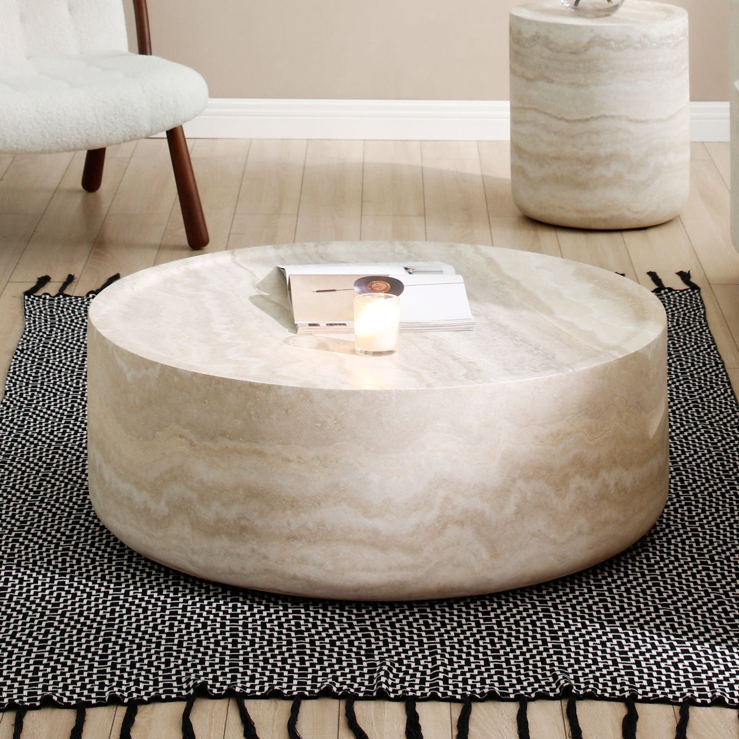 Modern Round Fiberglass Coffee Table – Faux Travertine Finish, 31.5” Low Profile, No Assembly Required – Stylish Living Room Accent Table
