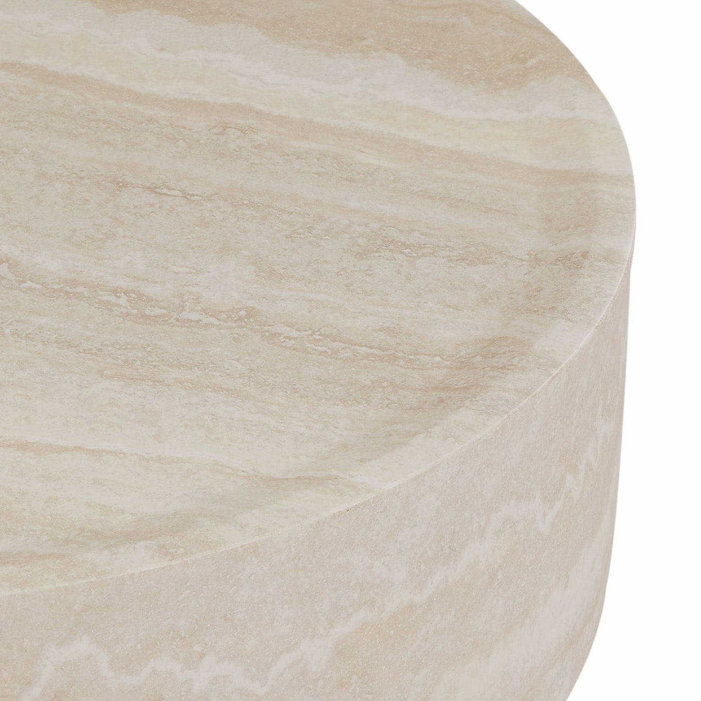 Modern Round Fiberglass Coffee Table – Faux Travertine Finish, 31.5” Low Profile, No Assembly Required – Stylish Living Room Accent Table