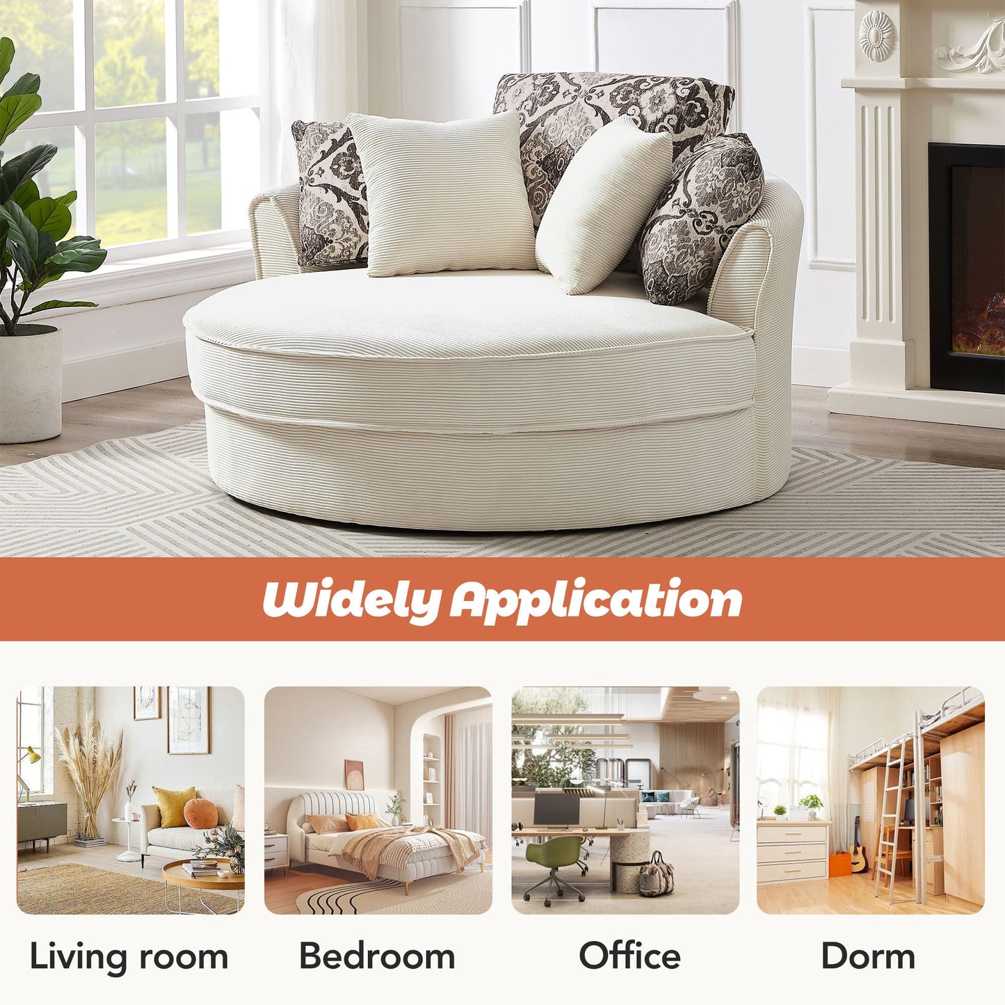 Beige 360° Swivel Accent Chair – Corduroy Upholstery with Detachable Pillows