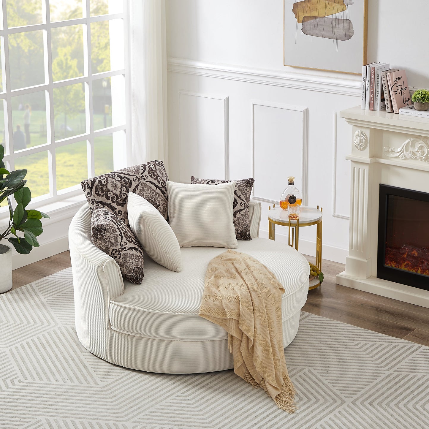 Beige 360° Swivel Accent Chair – Corduroy Upholstery with Detachable Pillows