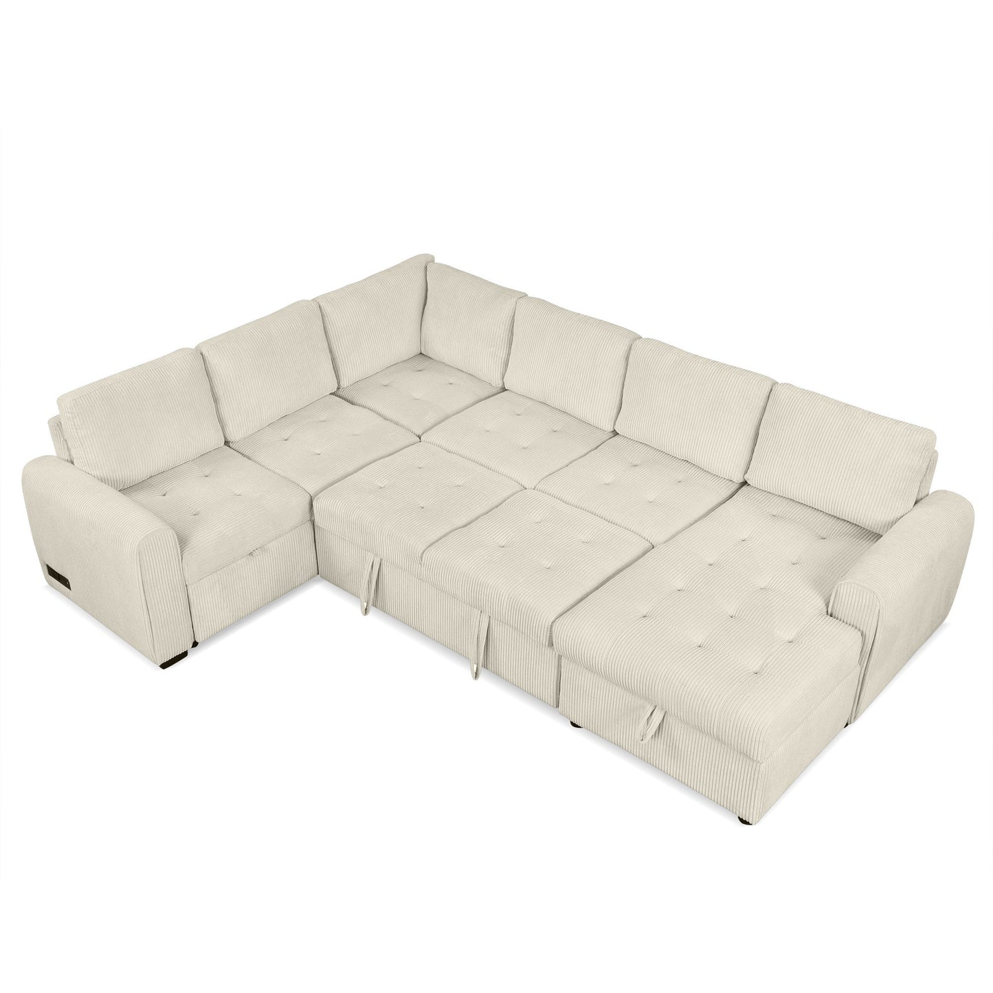 Beige U-Shaped Corduroy Sofa – Spacious 5-Seat Sectional with Pocket Springs, Removable Backrests & Durable Plywood Frame