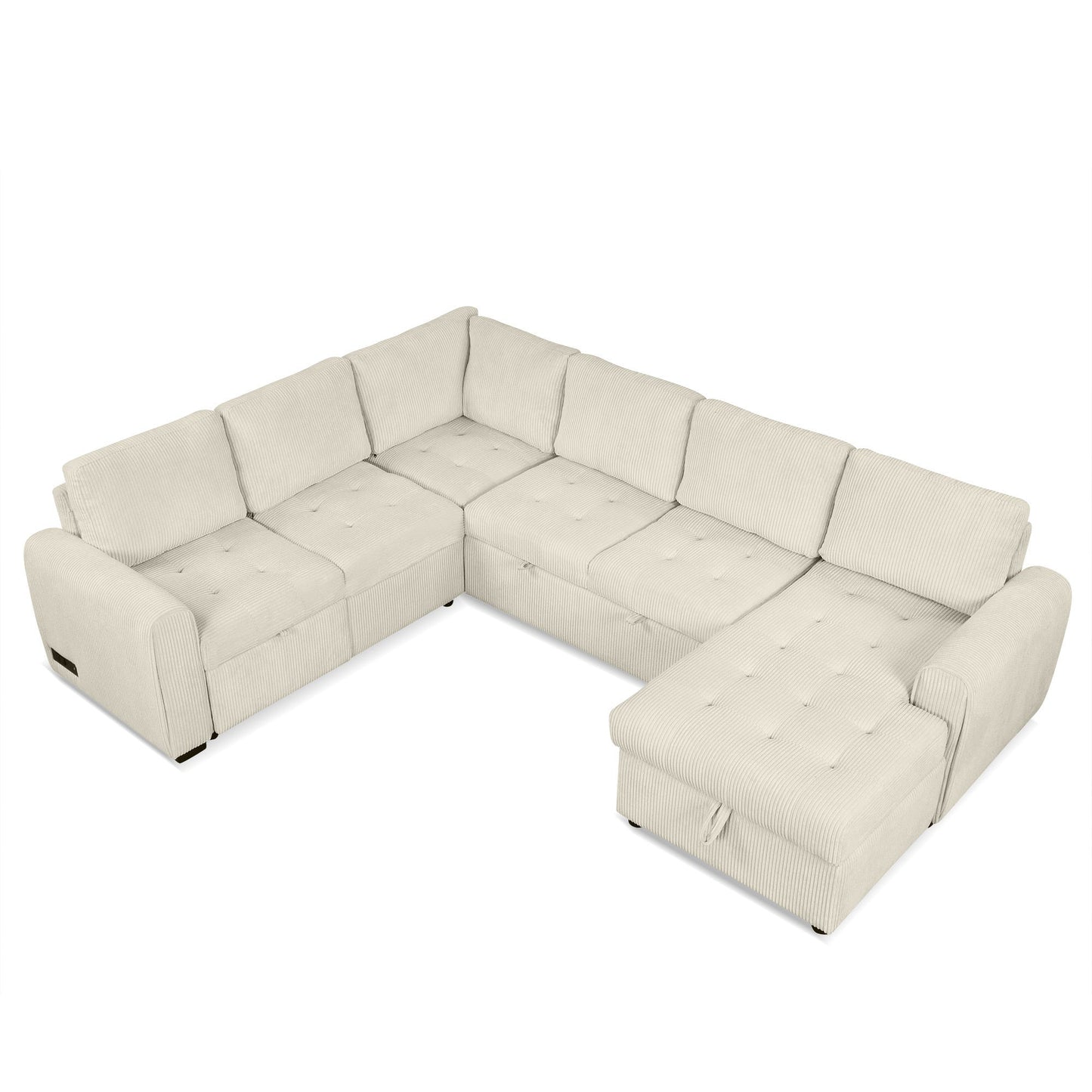 Beige U-Shaped Corduroy Sofa – Spacious 5-Seat Sectional with Pocket Springs, Removable Backrests & Durable Plywood Frame