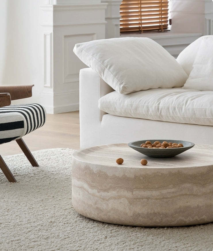 Modern Round Fiberglass Coffee Table – Faux Travertine Finish, 31.5” Low Profile, No Assembly Required – Stylish Living Room Accent Table