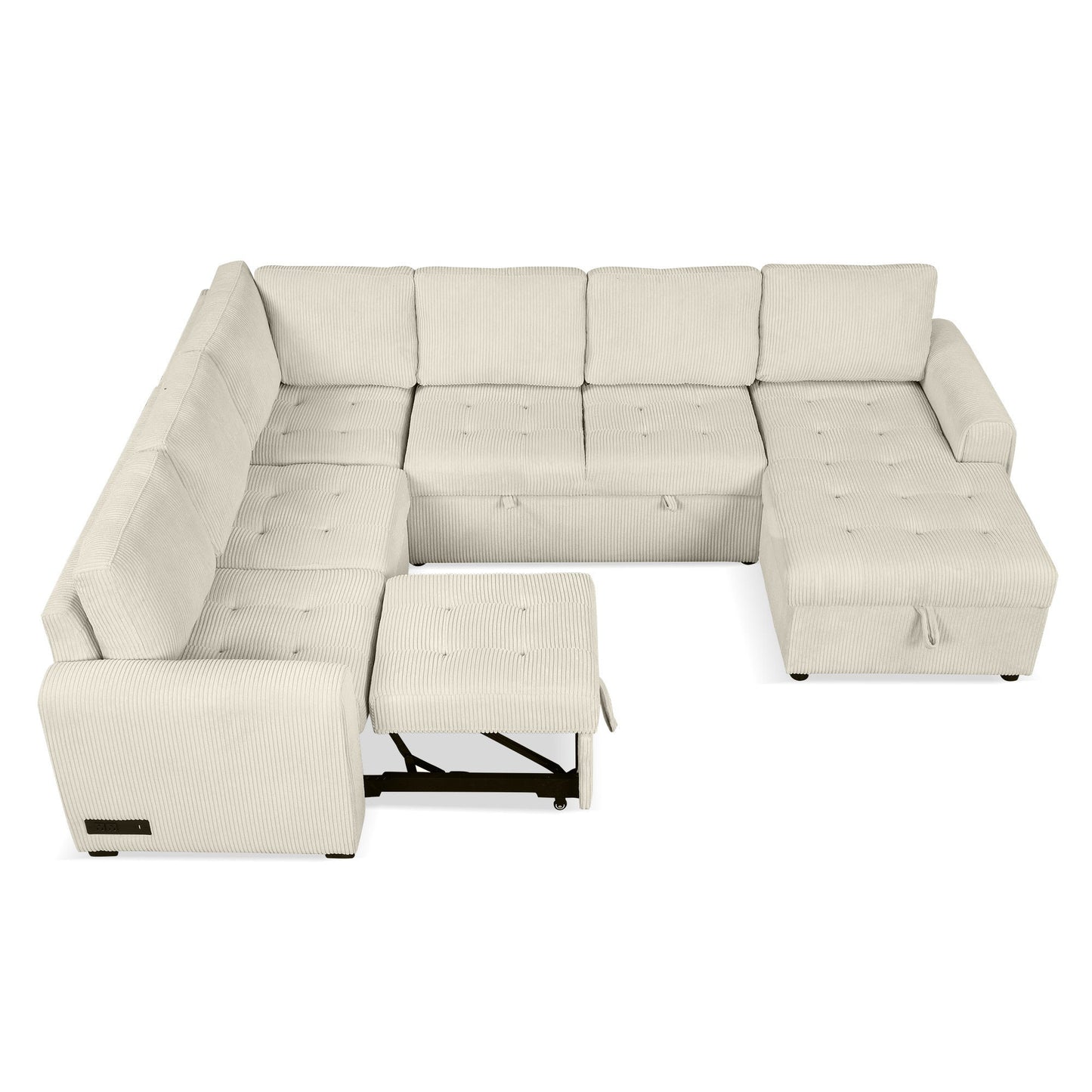 Beige U-Shaped Corduroy Sofa – Spacious 5-Seat Sectional with Pocket Springs, Removable Backrests & Durable Plywood Frame