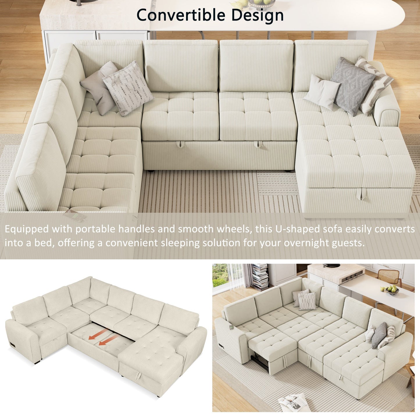 Beige U-Shaped Corduroy Sofa – Spacious 5-Seat Sectional with Pocket Springs, Removable Backrests & Durable Plywood Frame