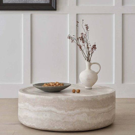 Modern Round Fiberglass Coffee Table – Faux Travertine Finish, 31.5” Low Profile, No Assembly Required – Stylish Living Room Accent Table