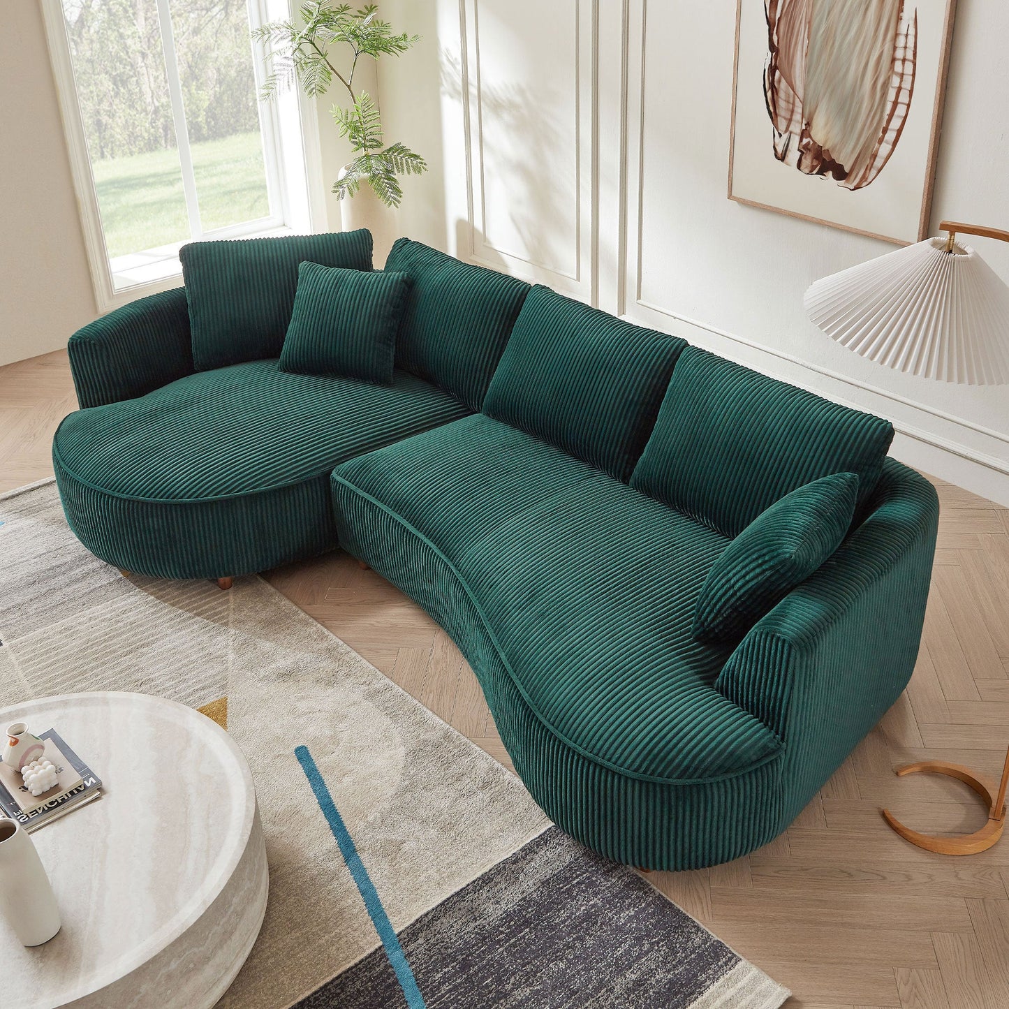 Oversized Modern Sectional Sofa with Left Chaise – Green Corduroy Upholstery, 6 Throw Pillows