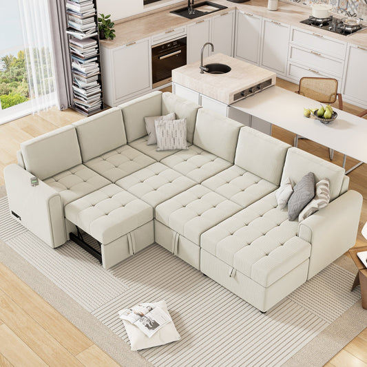 Beige U-Shaped Corduroy Sofa – Spacious 5-Seat Sectional with Pocket Springs, Removable Backrests & Durable Plywood Frame